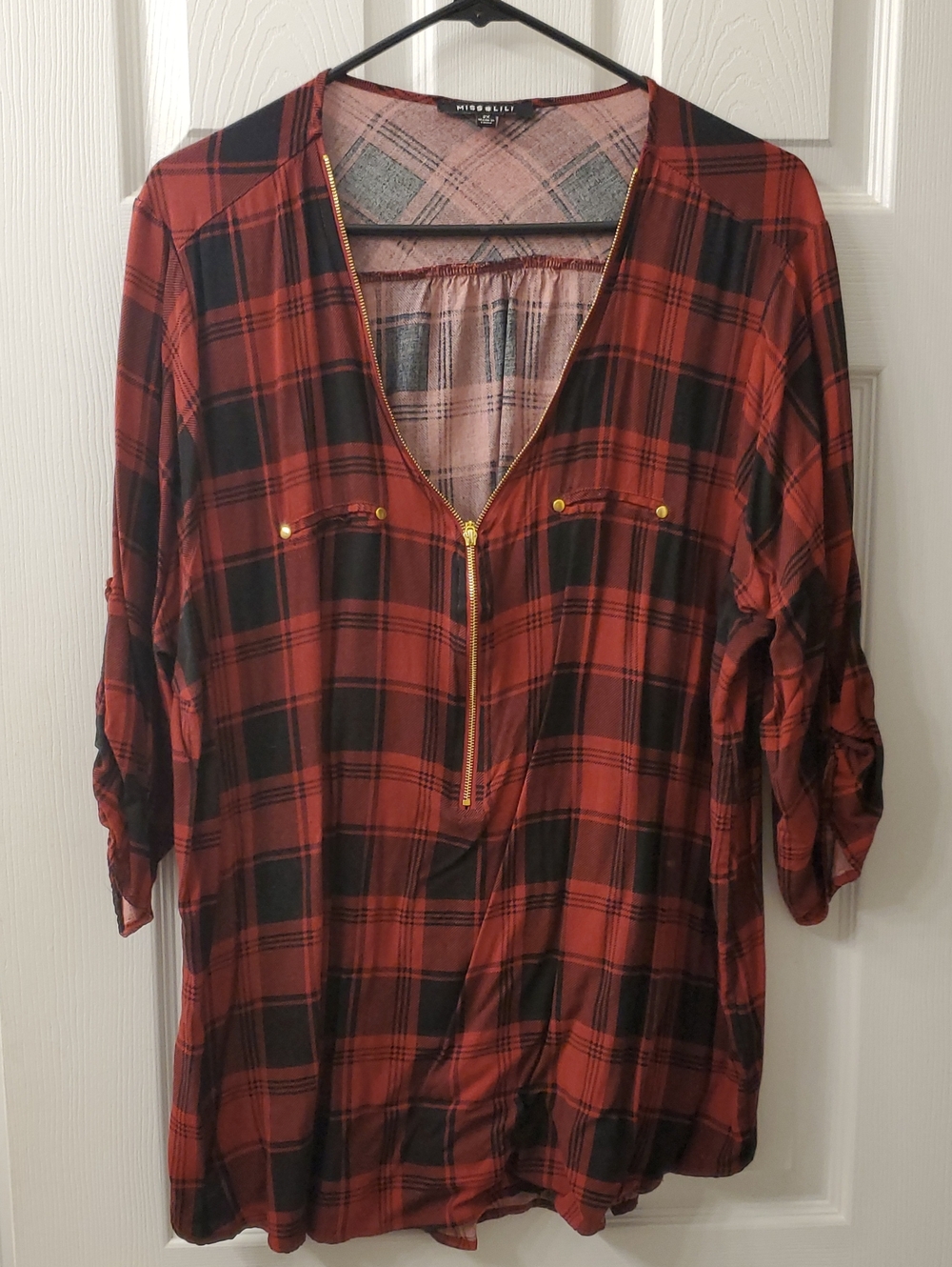 Miss Lili Red and Black Plaid Zip-Front Tunic